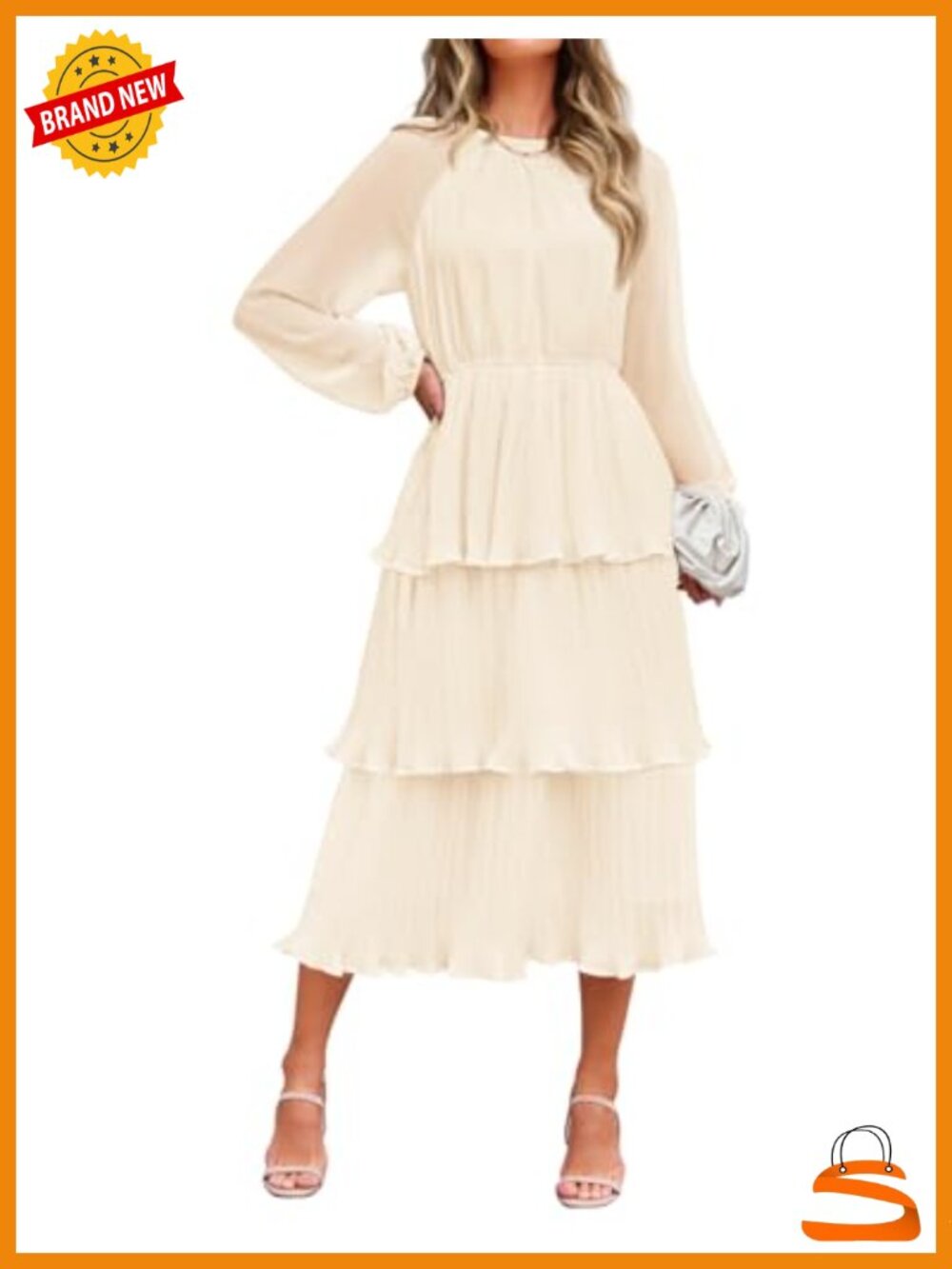 Chiffon Tiered Midi Dress, Long Sleeve Swing Dress, Party / Wedding Guest
